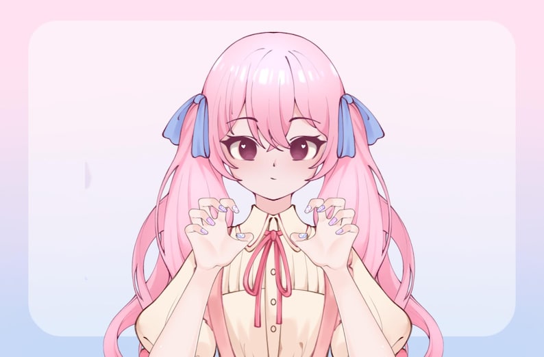 May include: Anime-style illustration of a character with pink hair styled in pigtails, adorned with blue ribbons. The character has large, expressive eyes and is wearing a light-colored top with a red bow. The hands are positioned in a claw-like gesture.