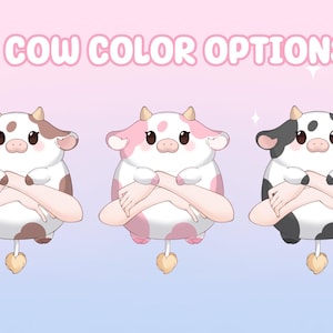 May include: An illustration showing three cartoon cows in brown and white, pink and white, and black and white. Each cow has a heart-shaped tail and crossed arms. The text above reads "3 COW COLOR OPTIONS."