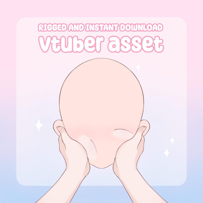 Puede incluir: Ilustraci&oacute;n digital de un rostro en blanco, de piel p&aacute;lida, con manos que acarician suavemente las mejillas. El texto "RIGGED AND INSTANT DOWNLOAD" y "Vtuber asset" se muestra en rosa, sobre un fondo degradado rosa y azul suave.