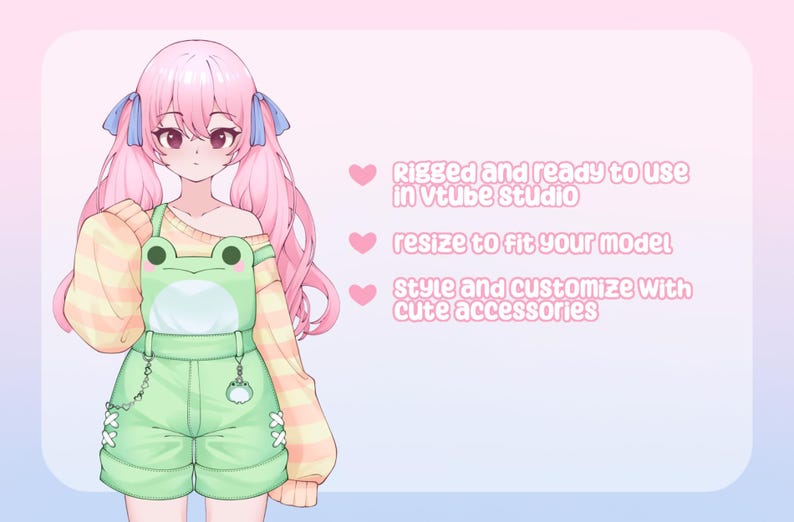 May include: An anime-style character with pink hair and a frog-themed outfit. The character is wearing a light green overall with a frog face design and a yellow and white striped sweater. Text on the right says "Rigged and ready to use in vtube studio".