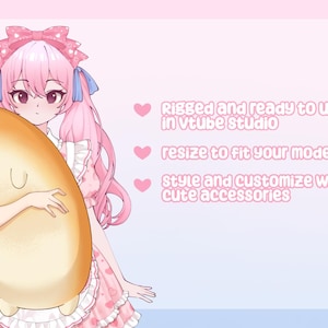 May include: An anime-style illustration of a character with pink hair and a pink dress, holding a large, cartoonish, tan-colored creature. Text on the right side reads: "Rigged and ready to use in vtube studio, resize to fit your model, style and customize with cute accessories."