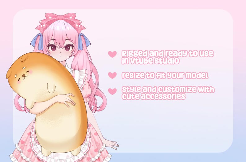 May include: An anime-style illustration of a character with pink hair and a pink dress, holding a large, cartoonish, tan-colored creature. Text on the right side reads: "Rigged and ready to use in vtube studio, resize to fit your model, style and customize with cute accessories."
