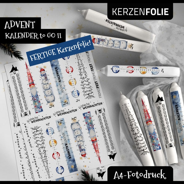 Kerzentattoo A4 Adventskalender to go II, Weihnachten, Advent, Wasserschiebefolie, Kerzensticker, Kerzenfolie, Aquarell, Fotodruck