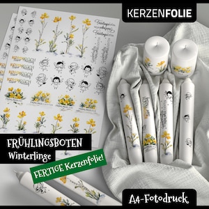 Könnte beinhalten: Ein Blatt bedruckbarer Kerzenaufkleber mit Frühlingsmotiv mit gelben Blumen, Feen und dem Text "Frühlingsboten Winterlinge" und "FERTIGE Kerzenfolie!" Das Blatt ist für den A4-Fotodruck konzipiert.