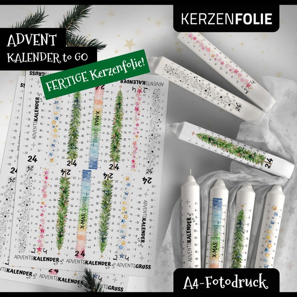 Kerzentattoo A4 Adventskalender to go, Weihnachten, Advent, Wasserschiebefolie, Kerzensticker, Kerzenfolie, Aquarell, Fotodruck