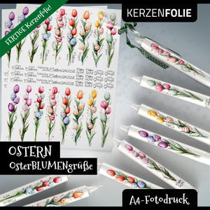 Kerzentattoo A4 OSTERBLUMENGRÜSSE, Frühling, Ostereier, Tulpen, Osterkerze, Wasserschiebefolie, Kerzensticker, Aquarell Fotodruck