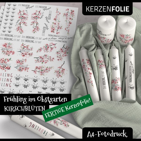 Kerzentattoo A4 KIRSCHBLÜTE Frühling im Obstgarten, Bäume, Blüte, Bienen, Wasserschiebefolie, Kerzensticker, PDF, JPG, Aquarell Fotodruck