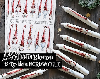 Kerzenfolie ROTgoldene NORDWICHTE, Advent, Weihnachtswichtel, Gnome, Kalender 2 go, Aquarell, Kerzensticker, Kerzentattoo