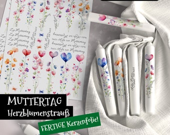 Kerzentattoo A4 MUTTERTAG Herzblumenstrauß, Blumen, Herzen, Liebe, Mutter, Wasserschiebefolie, Kerzensticker, PDF, JPG, Aquarell Fotodruck