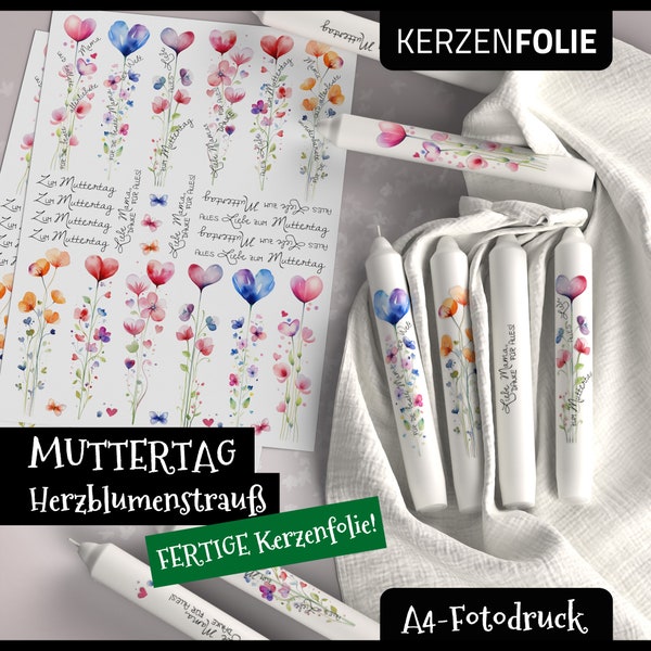 Kerzentattoo A4 MUTTERTAG Herzblumenstrauß, Blumen, Herzen, Liebe, Mutter, Wasserschiebefolie, Kerzensticker, PDF, JPG, Aquarell Fotodruck