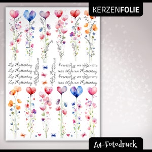 Kerzentattoo A4 MUTTERTAG Herzblumenstrauß, Blumen, Herzen, Liebe, Mutter, Wasserschiebefolie, Kerzensticker, PDF, JPG, Aquarell Fotodruck Bild 2