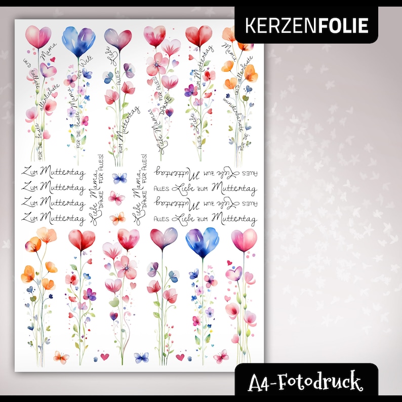 Kerzentattoo A4 MUTTERTAG Herzblumenstrauß, Blumen, Herzen, Liebe, Mutter, Wasserschiebefolie, Kerzensticker, PDF, JPG, Aquarell Fotodruck Bild 2