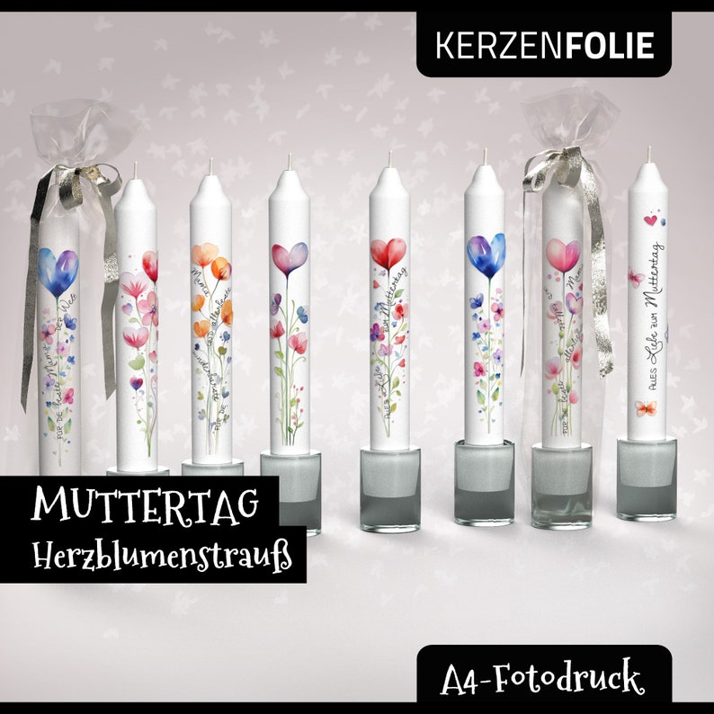 Kerzentattoo A4 MUTTERTAG Herzblumenstrauß, Blumen, Herzen, Liebe, Mutter, Wasserschiebefolie, Kerzensticker, PDF, JPG, Aquarell Fotodruck Bild 3