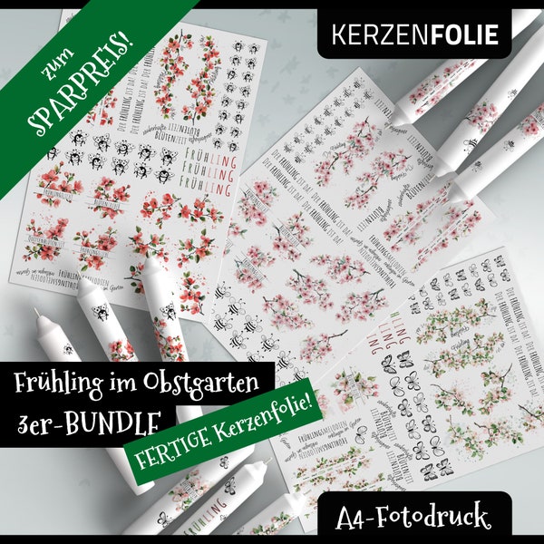 Kerzentattoo A4 3er-BUNDLE Frühling im OBSTGARTEN Apfel Kirsche Quitte, Blüte, Wasserschiebefolie, Kerzensticker pdf jpg, Aquarell Fotodruck