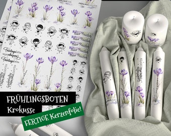 Kerzentattoo A4 Frühlingsboten KROKUSSE, Frühling, Blumen, Feen, Blüten, Wasserschiebefolie, Kerzensticker, PDF, JPG, Aquarell Fotodruck