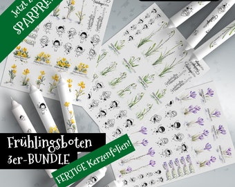 Kerzentattoo A4 3er-BUNDLE FRÜHLINGSBOTEN, Blumen Blüten Feen Krokusse Schneeglöckchen, Wasserschiebefolie, Kerzensticker, pdf jpg, Aquarell