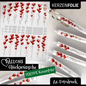 Kerzentattoo GLÜCKWÜNSCHE HERZBALLONS, Geburtstag, Feier, Anerkennung, Schulabschluss, Prüfung, Kerzensticker, Aquarell Fotodruck