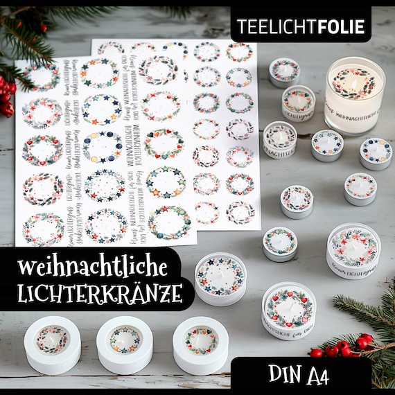 Teelicht-Kerzenfolie WEIHNACHTLICHE LICHTERKRÄNZE, Weihnachten, Advent, Maxi-Teelicht, Teelichtbotschaft, Teelichttattoo, Aquarell