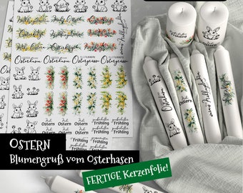 Kerzentattoo A4 OSTERHASEN  Blumengruß, Frühling, Blumen, Hasen, Ostern, Wasserschiebefolie, Kerzensticker, PDF, JPG, Aquarell Fotodruck