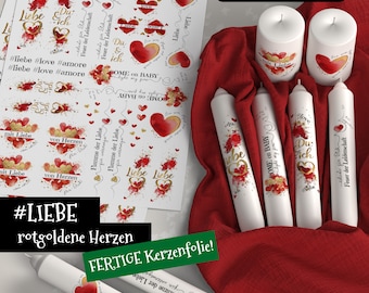 Kerzentattoo A4 LIEBE rotgoldene Herzen, Valentinstag, Hochzeit, love, Wasserschiebefolie, Kerzensticker, PDF, JPG, Aquarell Fotodruck