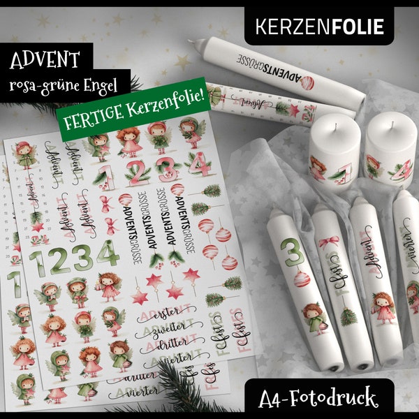 Kerzentattoo A4 niedliche Engel, rosa, grün, Weihnachten Advent, Wasserschiebefolie, Kerzensticker, Aquarell, Kerzenfolie, Fotodruck