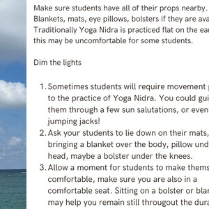 May include: A text-based guide for yoga nidra practice. The text suggests using props like blankets, mats, eye pillows, and bolsters for comfort. It also recommends dimming the lights and allowing students to move before lying down.