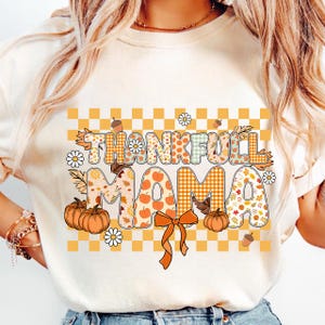 Preppy Thankful Mama Png, Fall Png, Autumn Season png, Cozy Season png, Thankful Mama Coquette Bow Checkered Design, Retro Thanksgiving Png