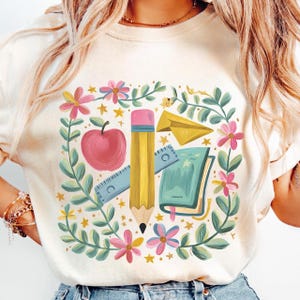Floral Teacher Pencil PNG, Coquette Teacher Back To School Png, 1st Day Of School Png, Boho Floral Teacher Png, Brushstroke, School Girl Png