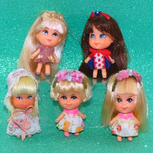 Vintage 1960s Mattel Liddle Kiddle LUCKY LOCKET Dolls:  Lilac, Liz, Lola, Louise, Larky