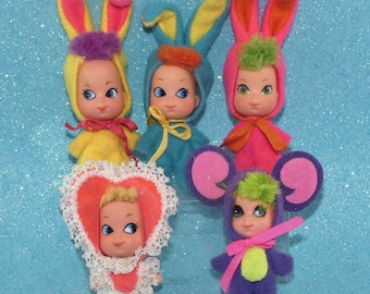 Vintage 1968 Mattel Liddle Kiddles Holiday Animiddle mini dolls -  FUNNY BUNNY Blue Pink / Luvvy Duvvy Heart