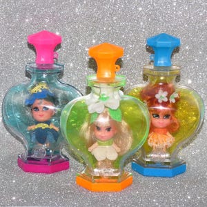 Vintage 1960s Mattel Liddle Kiddle Kologne Dolls in cologne bottles - Gardenia, Orange Blossom, Blue Bell