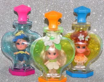 Vintage 1960s Mattel Liddle Kiddle Kologne Dolls in cologne bottles - Gardenia, Orange Blossom, Blue Bell
