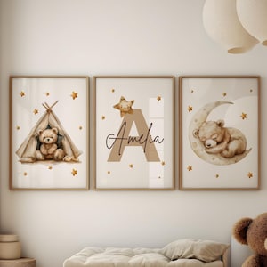 Set di 3 stampe da parete personalizzate con orsacchiotto per la cameretta dei bambini, stampa con orsacchiotto con nome personalizzato, stampa beige per la cameretta dei bambini, toni neutri.