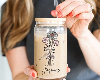 Personalized Birth Flower Iced Coffee Cup, Custom Birth Flower Tumbler With Name, Bridesmaid Proposal, Glass Mug, Custom Glass Can Lid Straw