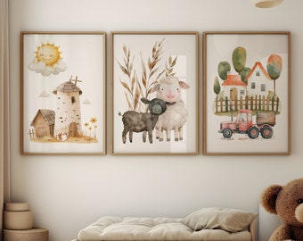 Set di 3 stampe con animali da fattoria per la cameretta dei bambini, poster con animali da fattoria per la cameretta dei bambini, decorazioni da parete con animali da fattoria per la cameretta dei bambini, decorazioni da parete con animali da fattoria
