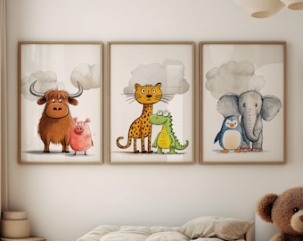 Set Of 3 Nursery Animal Prints, Personalized Animal Baby Room Posters, Kids Room Wall Art Decor, Animal Nursery Decor, Animal Wall Art