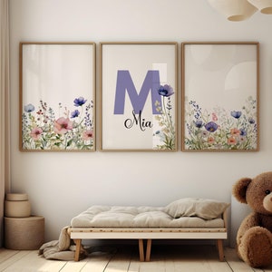 Set of 3 Personalized Kids Room Wall Art Floral Nursery Wildflowers Prints Boho Baby Girl Nursery Décor Blue Watercolor Flowers Wall Art