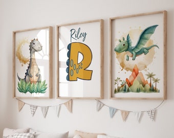 Set van 3 dinosaurusafdrukken voor kinderkamer, gepersonaliseerde dinosaurus kinderkamerafdrukken, dinosaurus thema kinderkamer kunst aan de muur, babyboy kamer decor