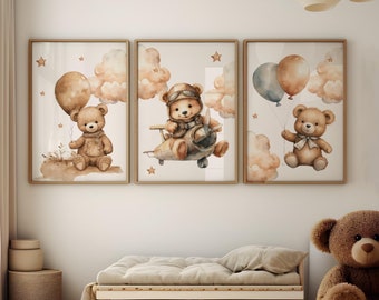 Teddybear Kids Room Wall Art Set Of 3, Beige Nursery Print Teddy Bear, Teddy Bear Nursery Décor, Watercolor Bear Nursery Print Neutral Tones