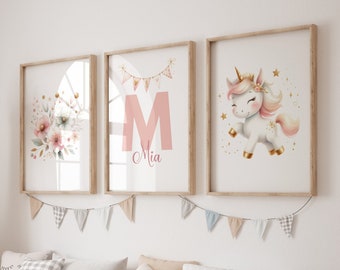 Set of 3 Personalized Unicorn Kids Room Wall Art, Powder Pink Nursery Print Unicorn Flowers, Girls Bedroom Prints, Girls Room Decor