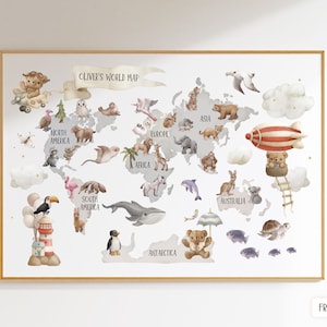 Personalisierte Tiere Weltkarte Druck, Kinderzimmer Karte, Kinder Poster, Lernposter, Kinderzimmer Wanddekoration, Montessori Materialien, Kinderwandkunst