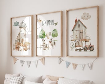 Set di 3 stampe con animali da fattoria per la cameretta dei bambini, poster personalizzati con animali da fattoria per la cameretta dei bambini, decorazioni da parete con animali da fattoria per la cameretta dei bambini, decorazioni da parete con animali da fattoria