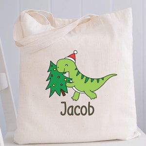 Personalized Dinosaur Christmas Gift Bag Custom Dino Christmas Tote Bag Stocking Filler Christmas Bag Dinosaur Lover Reusable Sustainable
