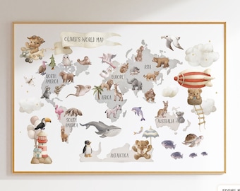 Spersonalizowana mapa świata zwierząt, mapa pokoju dziecięcego, plakat dla dzieci, plakat edukacyjny, dekoracja ścienna pokoju dziecięcego, materiały Montessori, sztuka ścienna dla dzieci