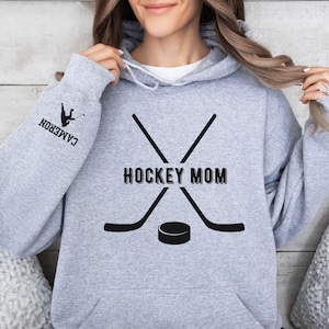 Personalized Hockey Mom Sweatshirt with Name on Sleeve, Custom Ice Hockey Mama Sweatshirt, Custom Hockey Gift, Game Day Hoodie, Gift for Mom