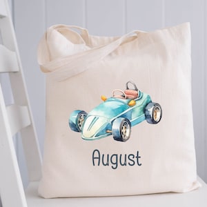 Personalized Race Car Tote Bag, Kids Tote Bag With Car, Custom Name Tote, Childrens Name Bag, School Tote Bag For Boys, Canvas Bag for Books