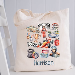 Custom Kids Tote Bag Race Car, Personalized Racing Tote Bag, Race Car Design Toy Bag, Name School Daycare Toy Bag, Customized Kids Shopper