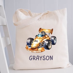 Personalized Race Car Tote Bag, Kids Tote Bag With Car, Custom Name Tote, Childrens Name Bag, School Tote Bag For Boys, Canvas Bag for Books