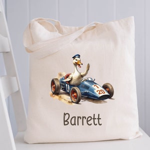 Personalized Race Car Tote Bag, Kids Tote Bag With Duck, Customized Name Tote, Childrens Name Bag, School Tote Bag, Canvas Bag for Books