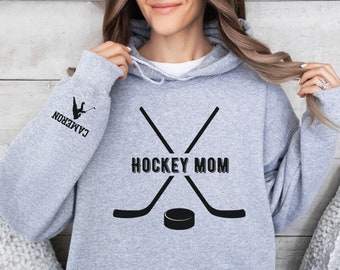 Personalized Hockey Mom Sweatshirt with Name on Sleeve, Custom Ice Hockey Mama Sweatshirt, Custom Hockey Gift, Game Day Hoodie, Gift for Mom
